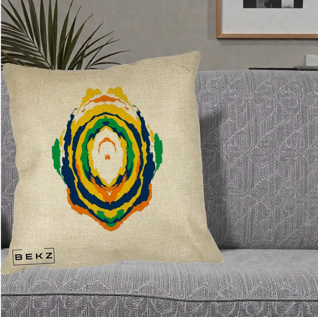 Perna Decorativa Oval Abstract Multicolor, 40x40 cm, Crem, Husa Detasabila, Perna Inclusa, BEKZ®