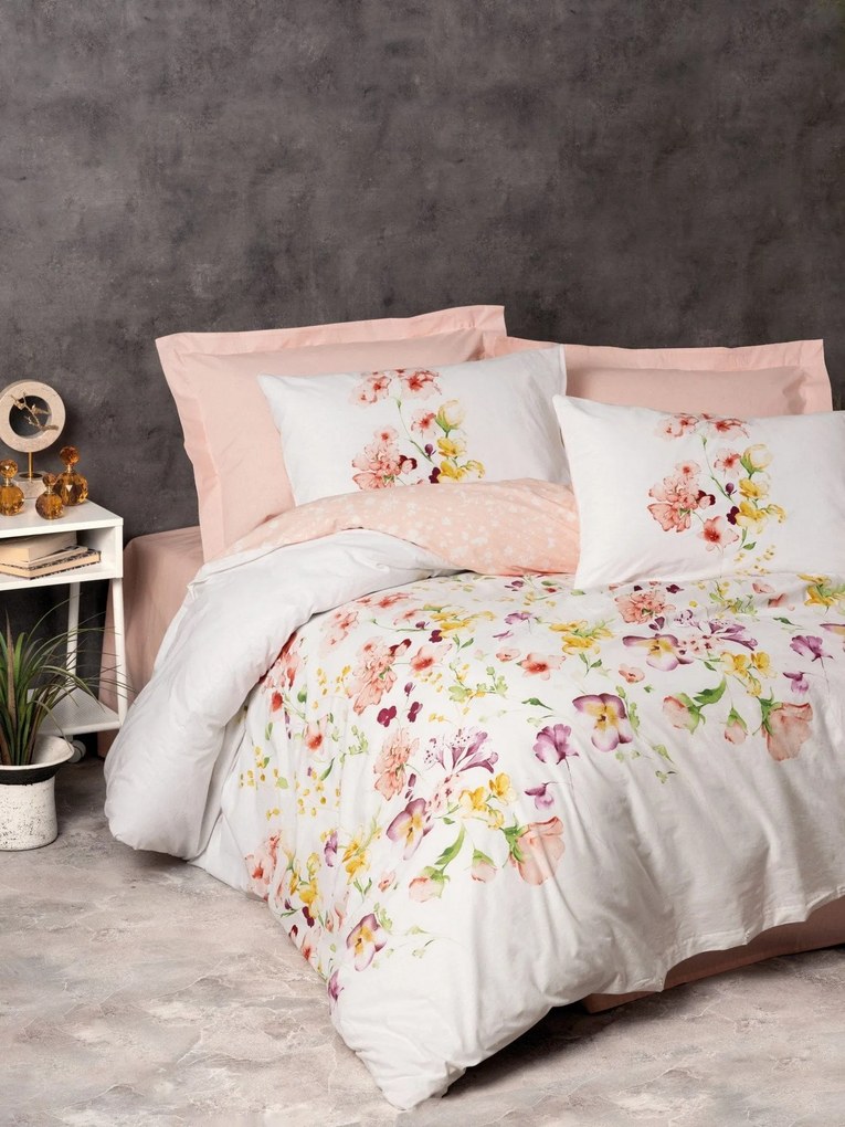 Set lenjerie pat EMMA V2, bumbac, alb/roz pudra, 160x240 cm, cu cearce