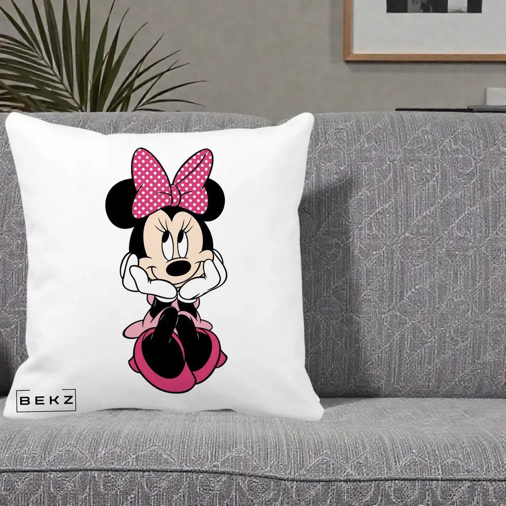 Perna Personalizata Minnie Mouse cu Fundita, 40x40 cm, Alba Mata, Husa Detasabila, Perna Inclusa, BEKZ®