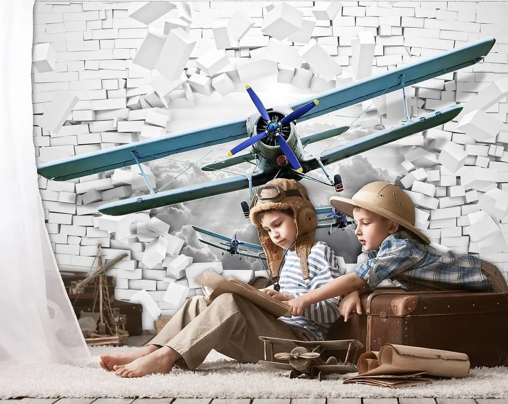 Fototapet - Avionul zboară din perete 3D (254x184 cm)