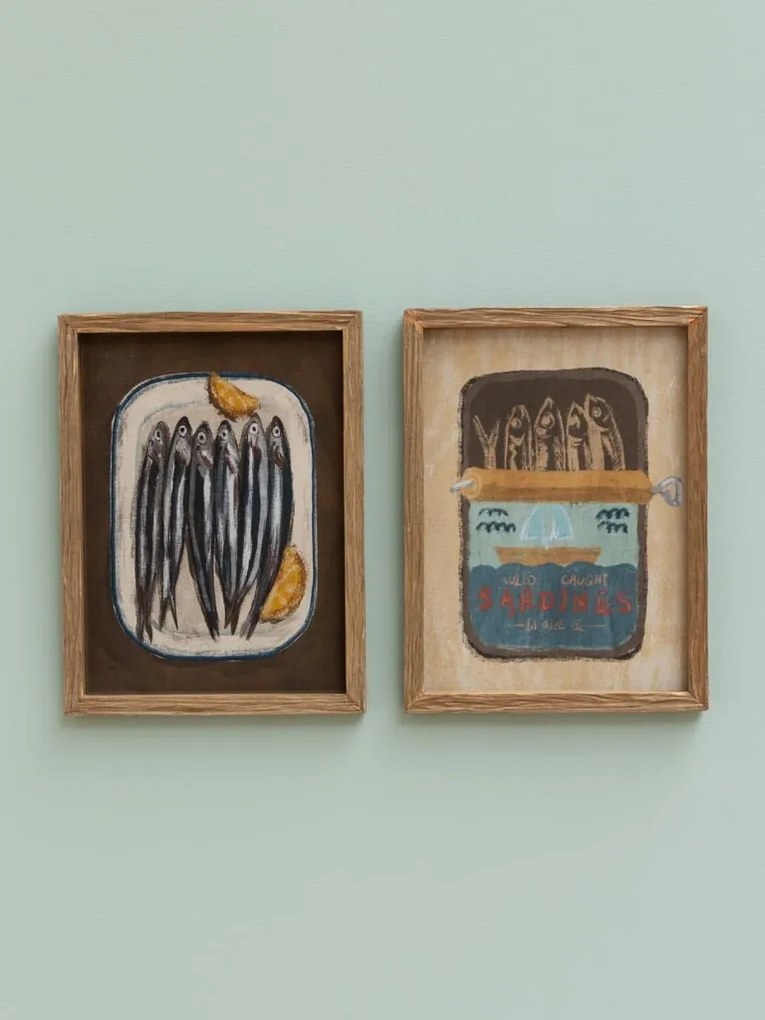 Set 2 tablouri vintage cu sardine din lemn și sticlă, natur, cu ilustrații imprimate pe hârtie, 40x30x2 cm, „Sardine"