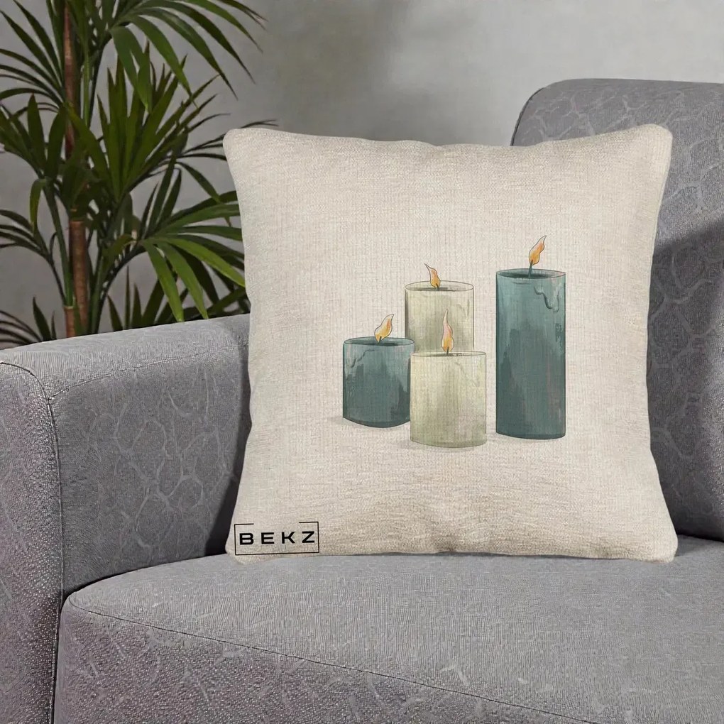 Perna Decorativa Lumanari Hygge Alb-Verde, 40x40 cm, Bej Canapea, Husa Detasabila, Perna Inclusa, BEKZ®