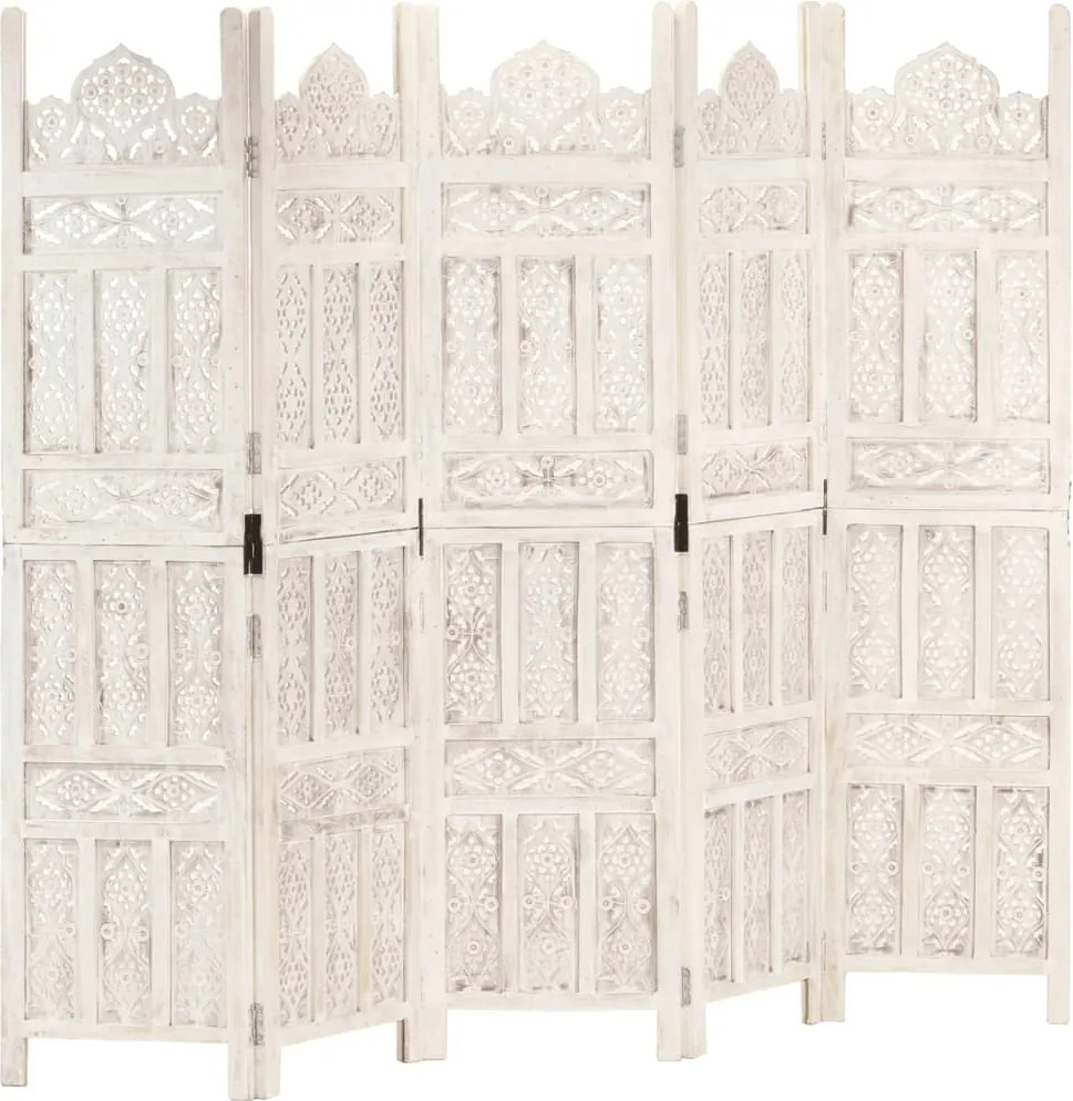 vidaXL Paravan cameră sculptat manual 5 panouri alb 200x165 cm mango