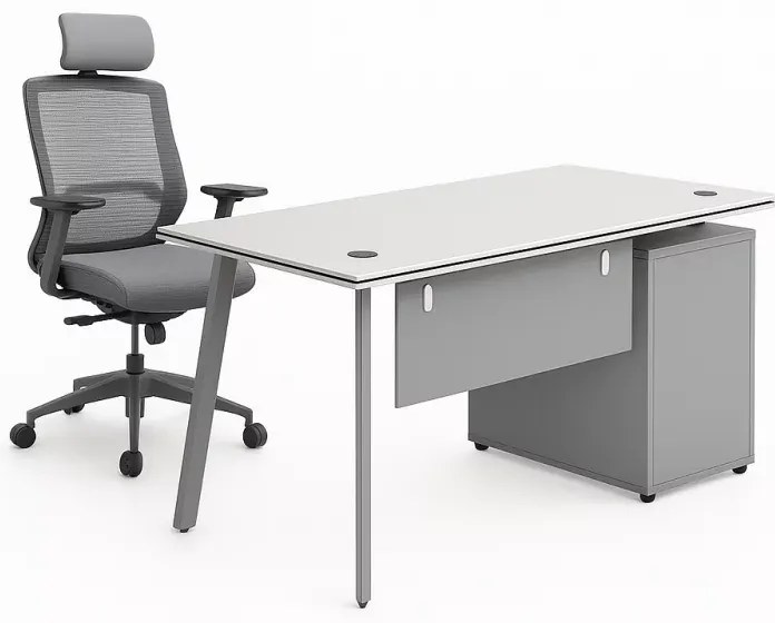 Set birou elegant cu birou lateral si scaun ergonomic cu suport lombar si tetiera reglabila