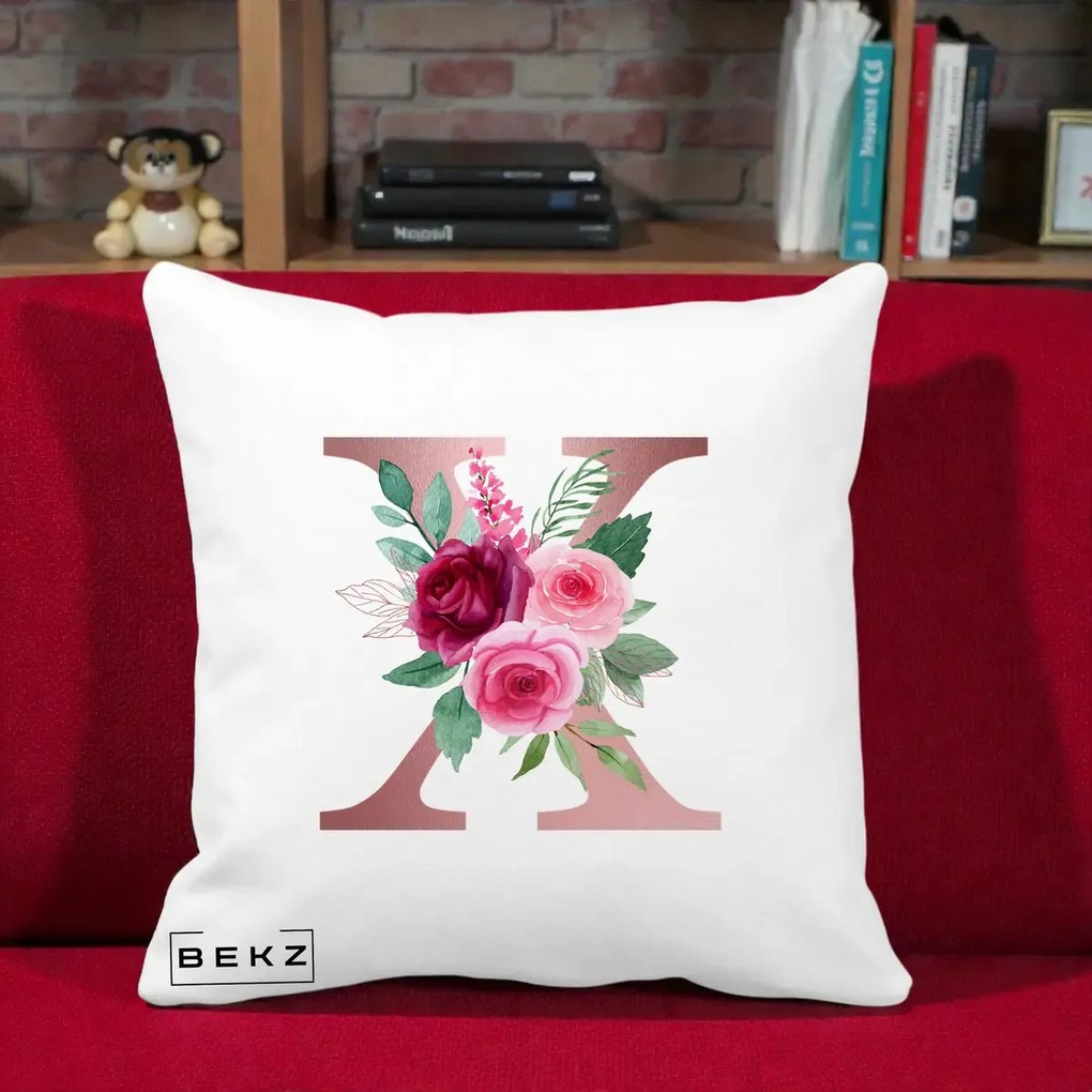 Cadou Personalizat - Perna Personalizata Monograma Rose Gold Litera X, 40x40 cm, Alba Mata, Husa Detasabila, Perna Inclusa, BEKZ®