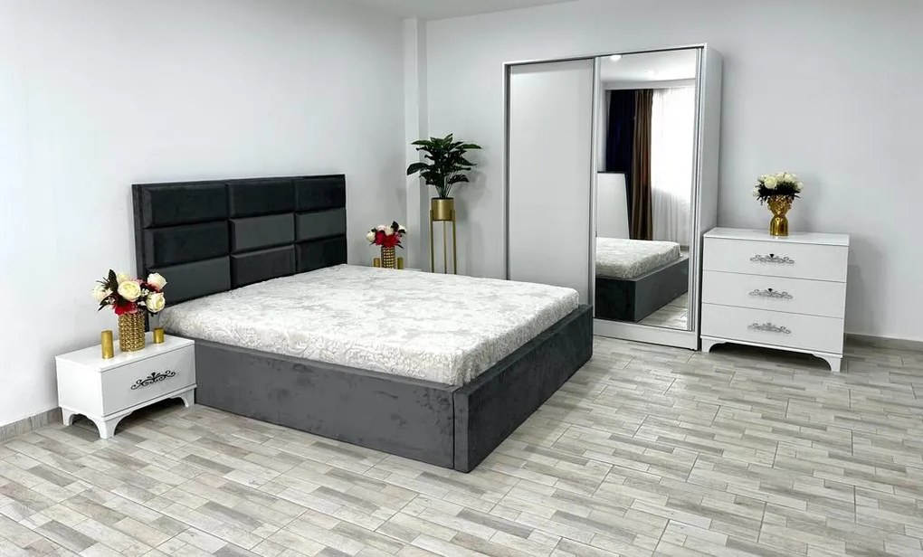 Dormitor complet Roma, culoare gri / alb, cu pat Roma 160 x 200 cm, dressing Erika, 2 noptiere si comoda Viena