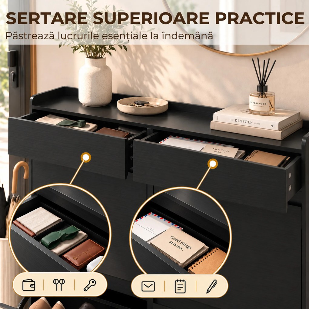 HOMCOM Pantofar Slim din Lemn cu 4 Sertare Rabatabile și 2 Sertare Glisante, 98 x 19,2 x 95,3 cm, Negru | Aosom Romania