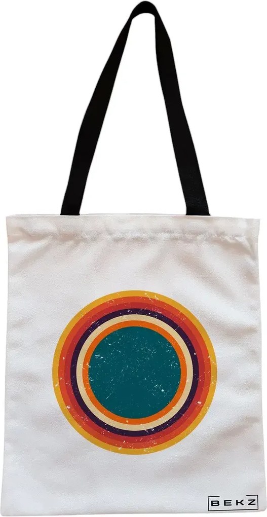 Sacosa de Panza pentru Cumparaturi, Geanta Tote, model Retro Concentric Circles, Cu fermoar, 38x34.5 cm, Alba, BEKZ®