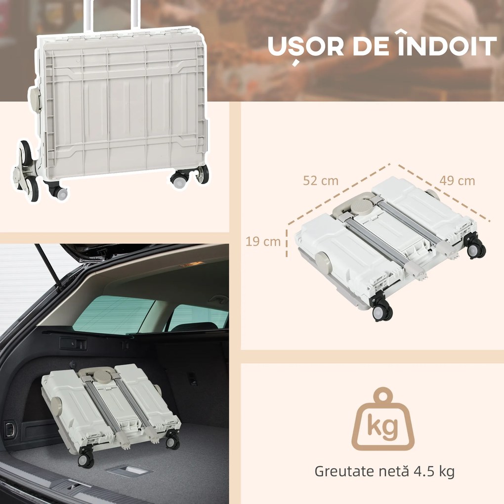 HOMCOM Cărucior Pliabil pentru Cumpărături cu Roți pentru Scări și Mâner Telescopic, Capacitate 80 kg, 51L, Cărucior din Aluminiu pentru Cumpărături și Camping, Alb, 52 x 48 x 100 cm | Aosom Romania