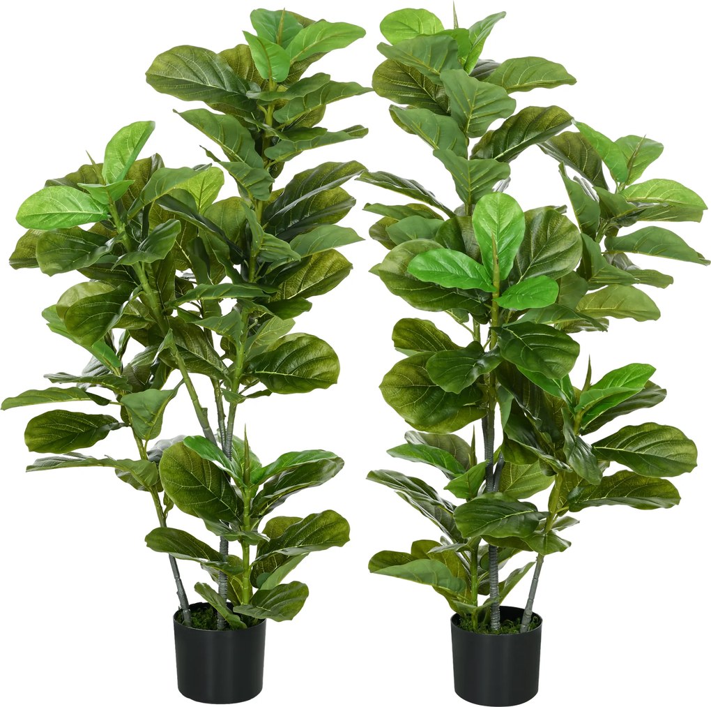 HOMCOM, Set de 2 plante artificiale Ficus Lyrata, arbori artificiali cu ghiveci inclus, înălțime 110 cm, verde | Aosom Romania