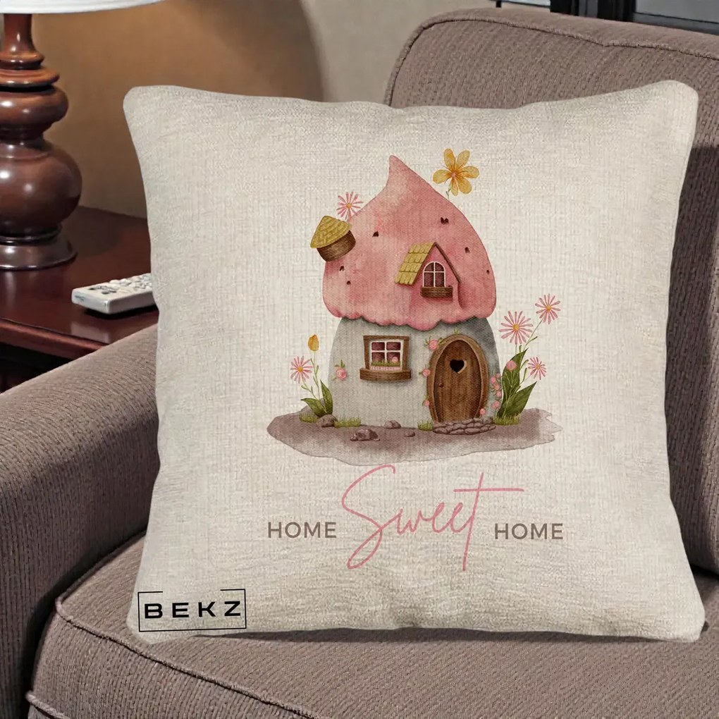 Perna Decorativa Home Sweet Home Casuta, 40x40 cm, Bej Canapea, Husa Detasabila, Perna Inclusa, BEKZ®