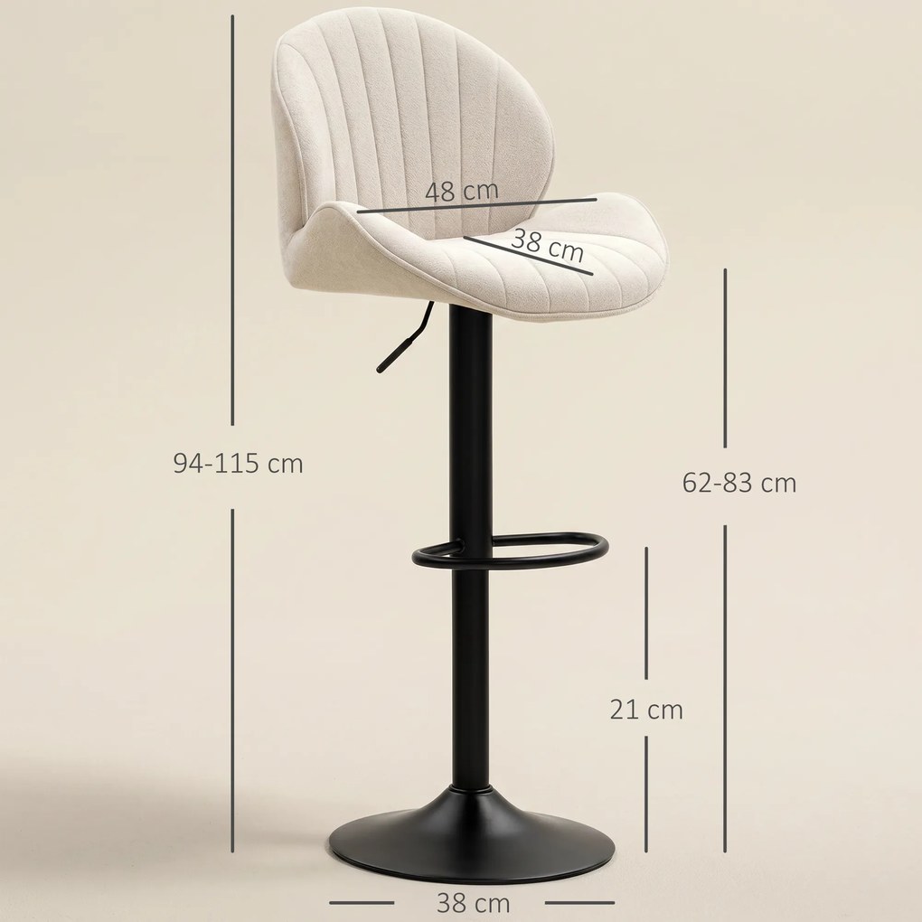 HOMCOM Set de 2 Scaune de Bar cu Suport pentru Picioare, din Țesătură cu Efect de Cinilie, 48x50x94-115 cm, Negru și Bej | Aosom Romania