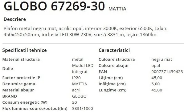 Plafoniera LED design modern Mattia negru mat 45x45cm