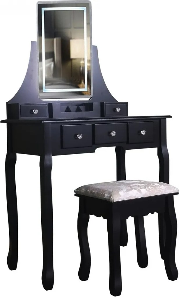RESIGILAT- Set Cleopatra, Masă de toaletă cu oglindă iluminată LED, control touch, 5 sertare, scaun, Negru