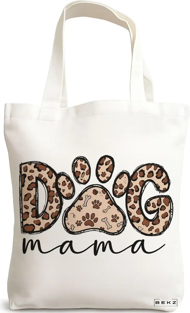 Sacosa de Panza pentru Cumparaturi, Geanta Tote, model Dog mama 38 x 34.5 cm, Alba, BEKZ®