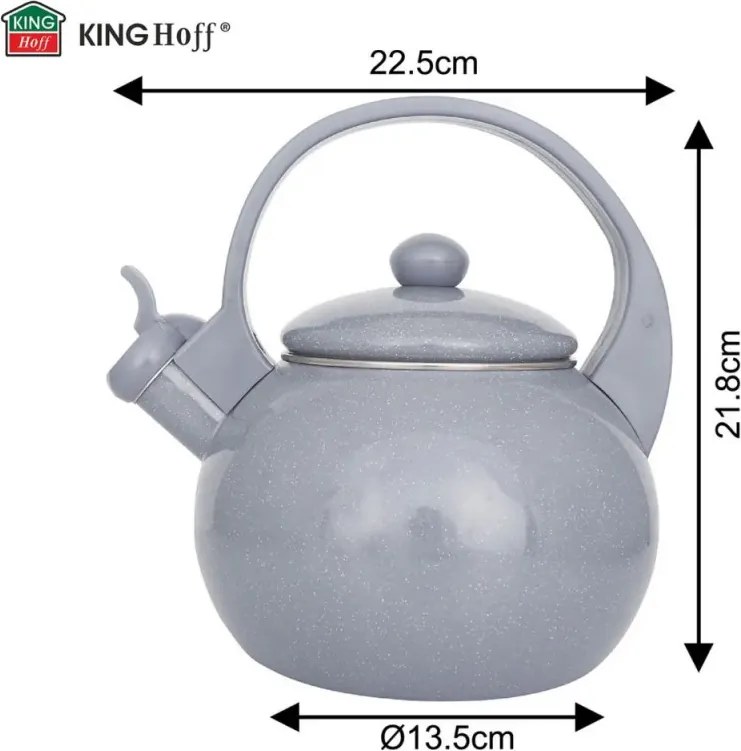 Ceainic cu fluier Kinghoff KH 2079, 2 l, interior emailat, compatibil cu plitele cu inducție, gri