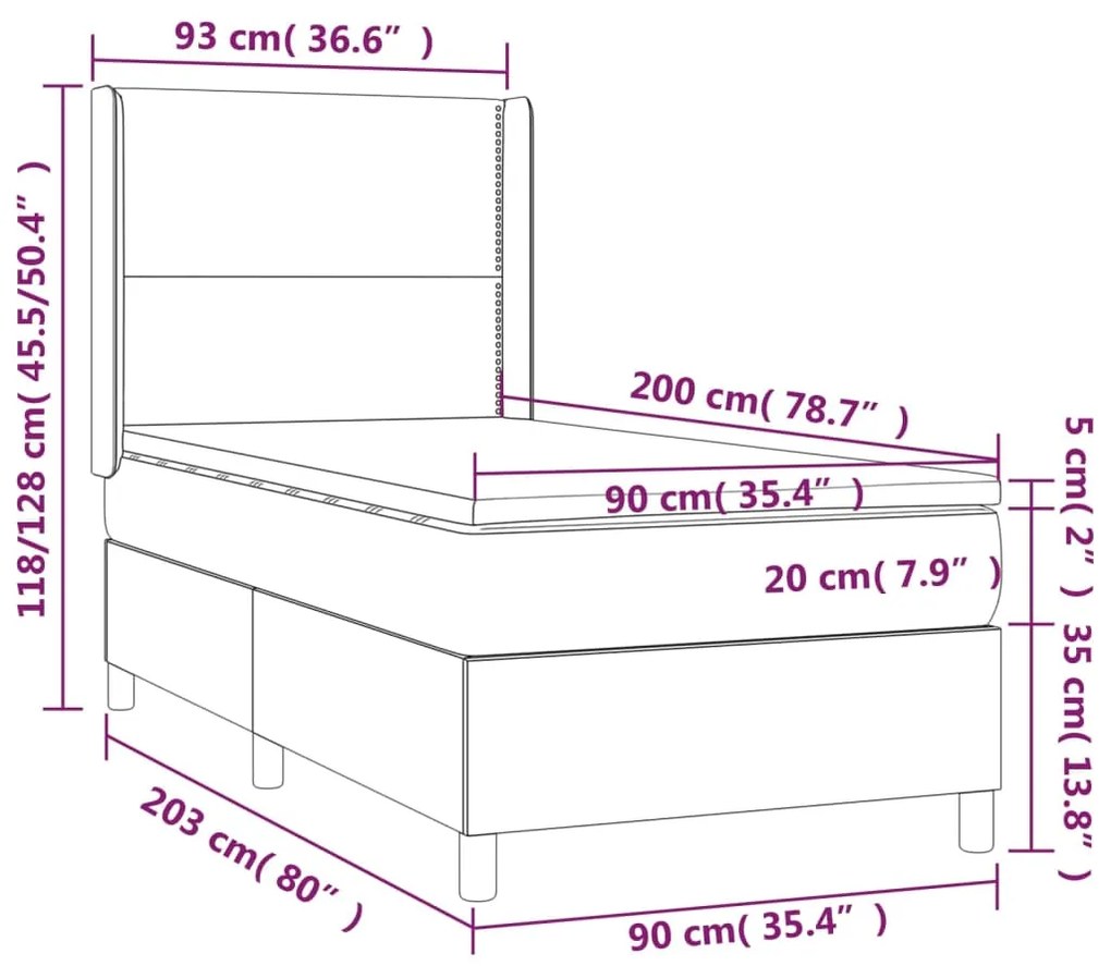 Pat box spring cu saltea, gri deschis, 90x200 cm, textil Gri deschis, 90 x 200 cm, Culoare unica si cuie de tapiterie