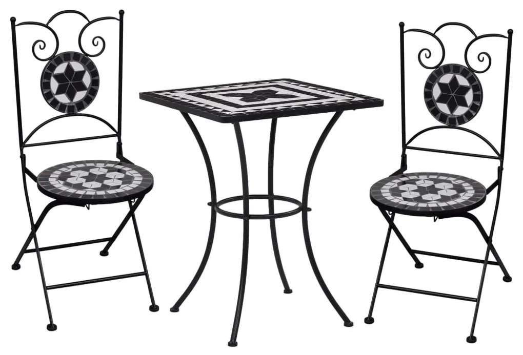 Set de bistro mozaic, 3 piese, negru alb, placa ceramica Alb si negru, Patrat, 3
