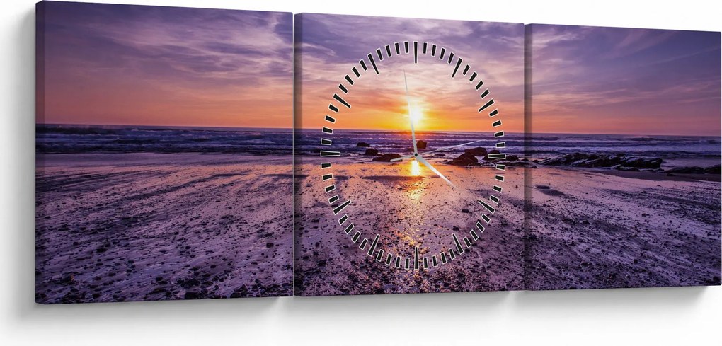 Tabloul cu plaja - apus de soare (cu ceas) (90x30 cm)