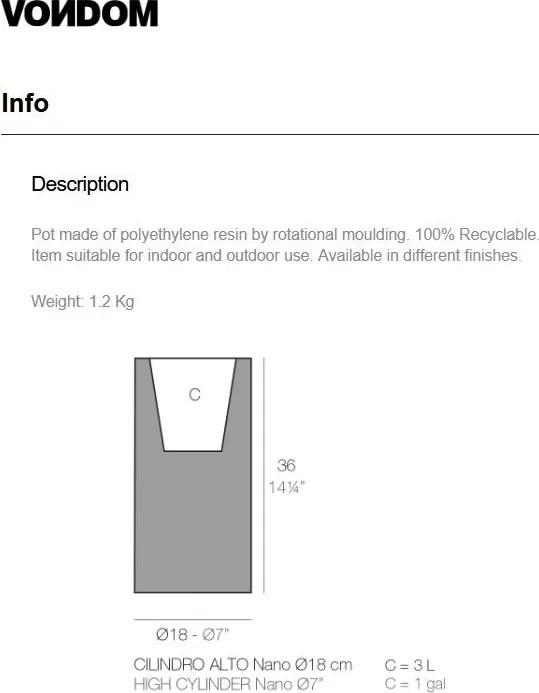 Ghiveci plante design decorativ modern interior / exterior HIGH CYLINDER mini 18x36cm