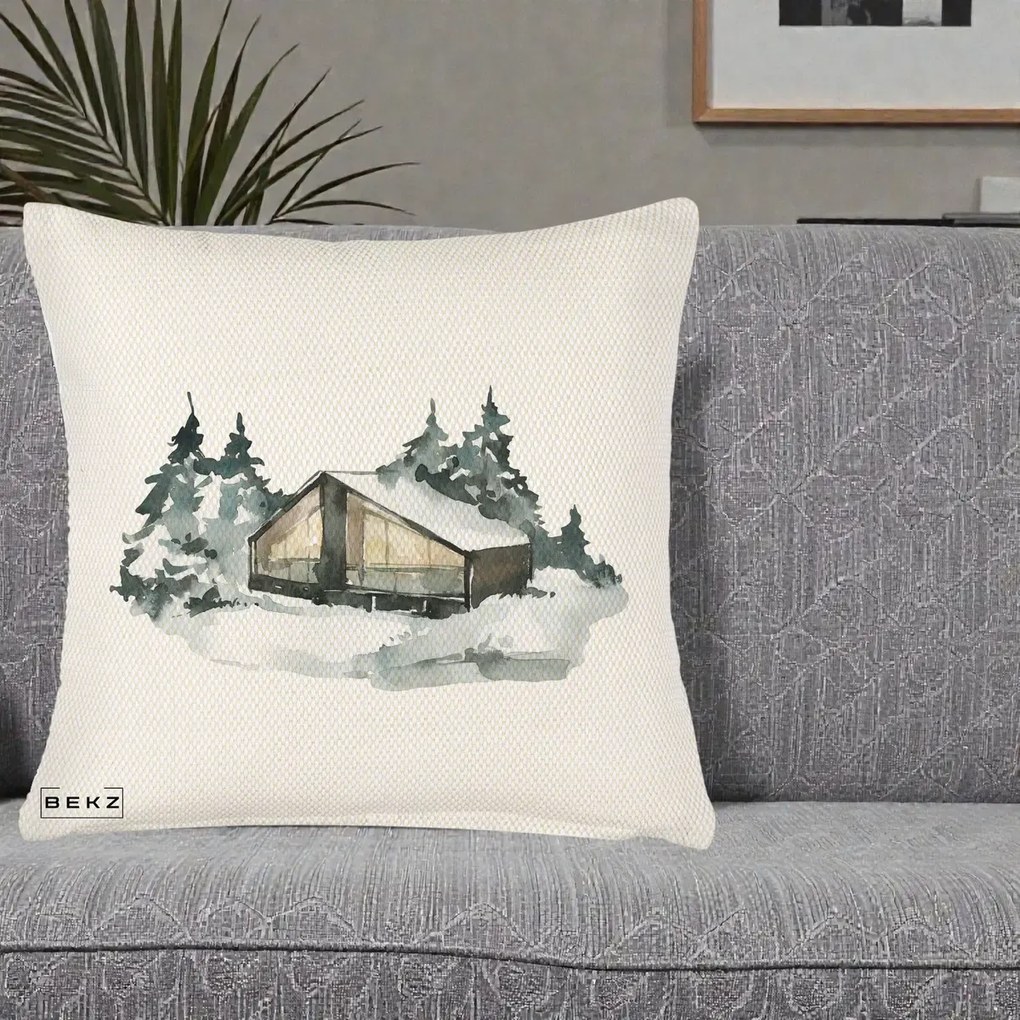 Perna Decorativa Cabana de Iarna in Padure, 40x40 cm, Crem Reliefat, Husa Detasabila, Perna Inclusa, BEKZ®