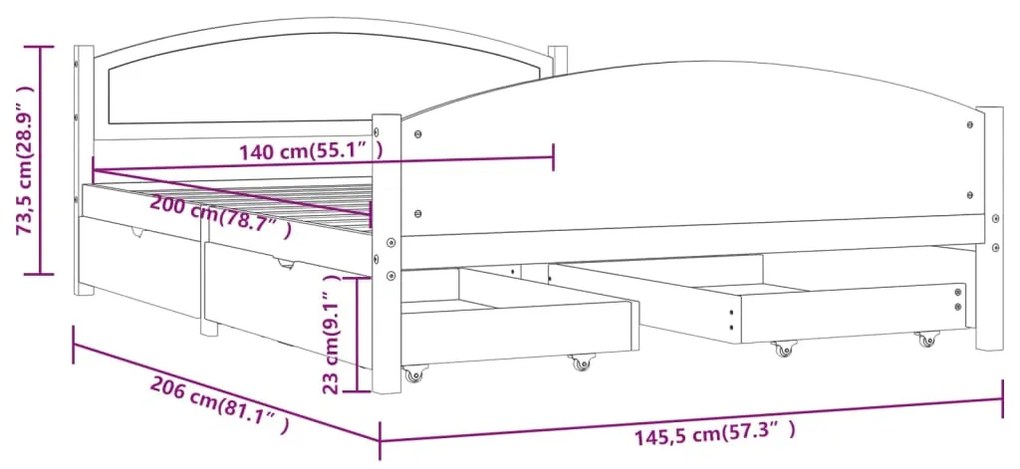 Cadru pat cu 4 sertare, maro inchis, 140x200 cm, lemn masiv pin Maro inchis, 140 x 200 cm, 4 Sertare