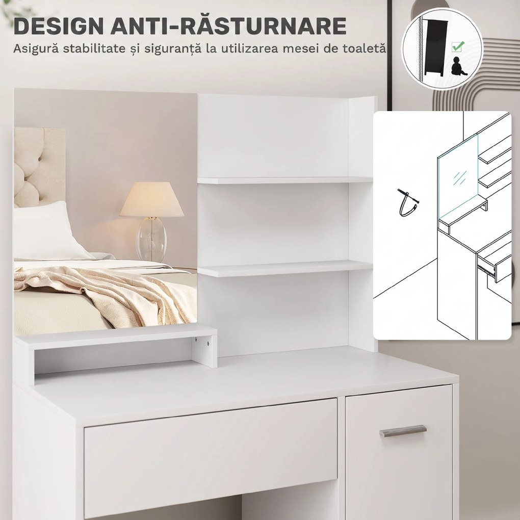 HOMCOM Masă de Toaletă cu Oglindă și Taburet, 80x40x132 cm, Alb | Aosom Romania