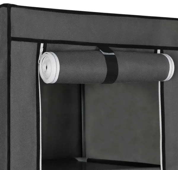 Dulap textil de depozitare MATIS 150x175 cm, gri, cu rafturi și bară pentru umerașe