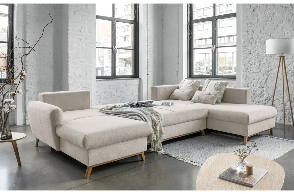 Canapea extensibilă în formă de "U" cu șezlong pe partea dreaptă Miuform Scandic Lagom, bej