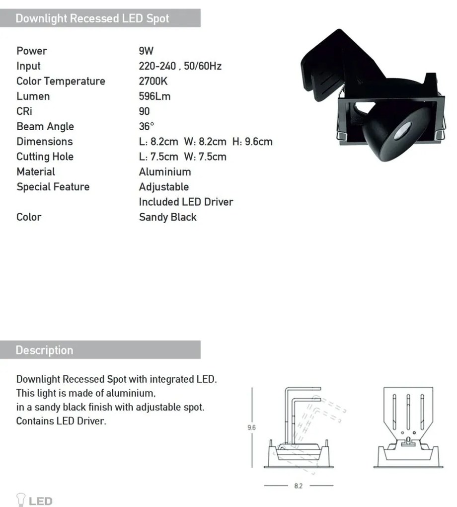 Spot LED reglabil Trimless 9W 2700K negru
