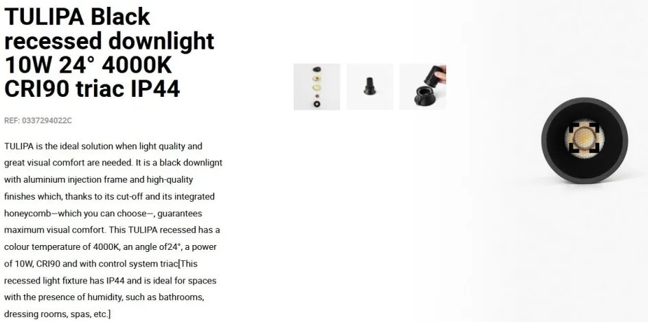 Spot LED incastrabil TULIPA Black recessed downlight 10W 24° 4000K CRI90 triac IP44
