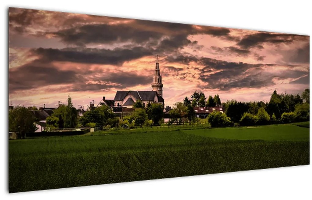 Tablou cu peisaj și biserică (120x50 cm)