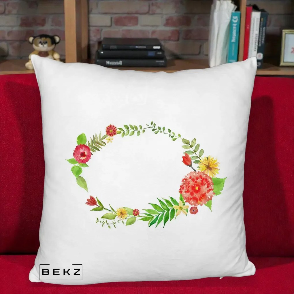 Perna Decorativa Coroana Florala Acuarela, 40x40 cm, Alb Pufos, Husa Detasabila, Perna Inclusa, BEKZ®
