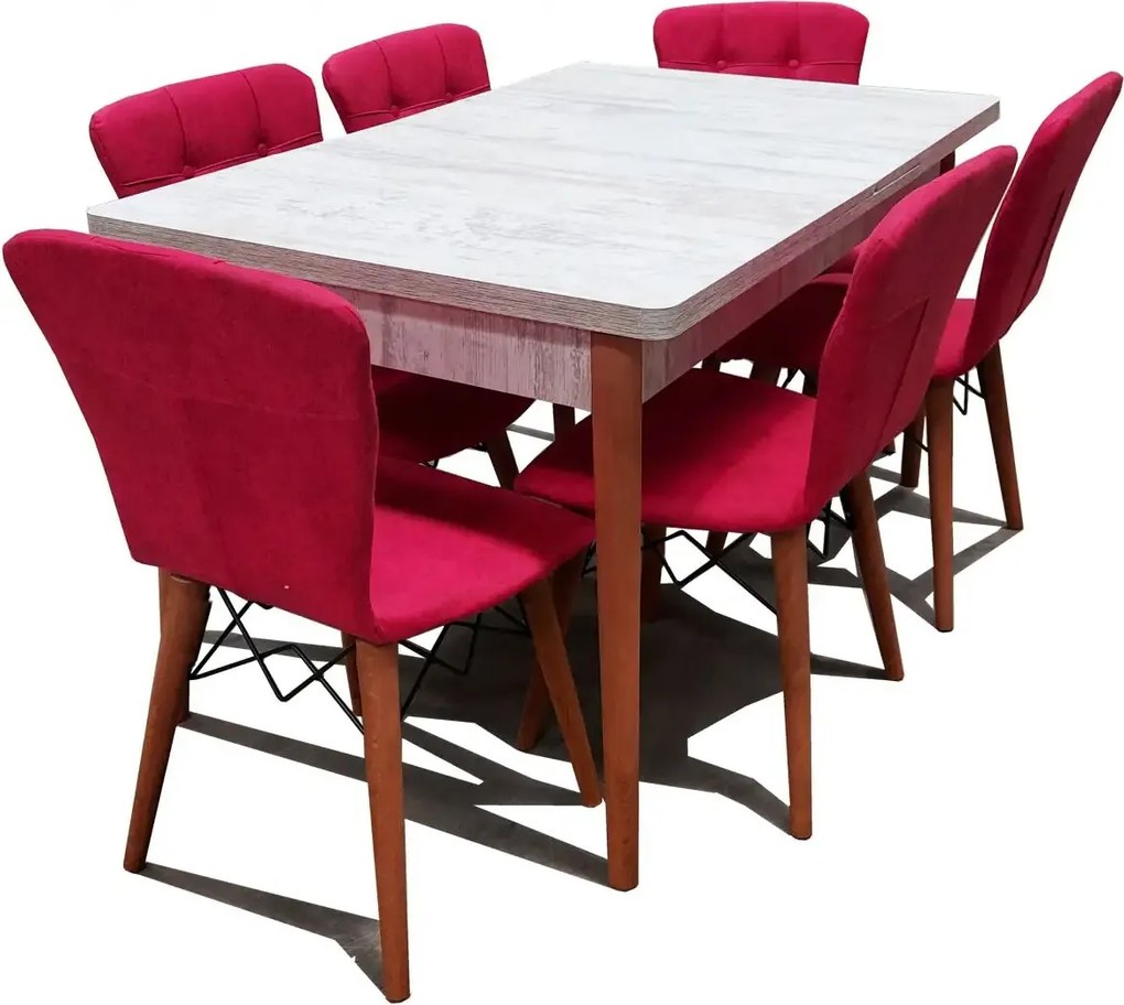 Set masa extensibila cu 6 scaune tapitate Homs cristal alb-rosu170 x 80 cm