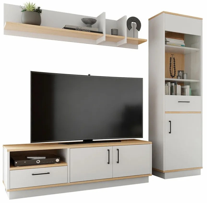 Camera de zi Omaha T129Stejar ușor, Alb, Cu componente suplimentare, Părți separate, Cu comodă tv, Sticlă călită, PAL laminat, 194x50cm