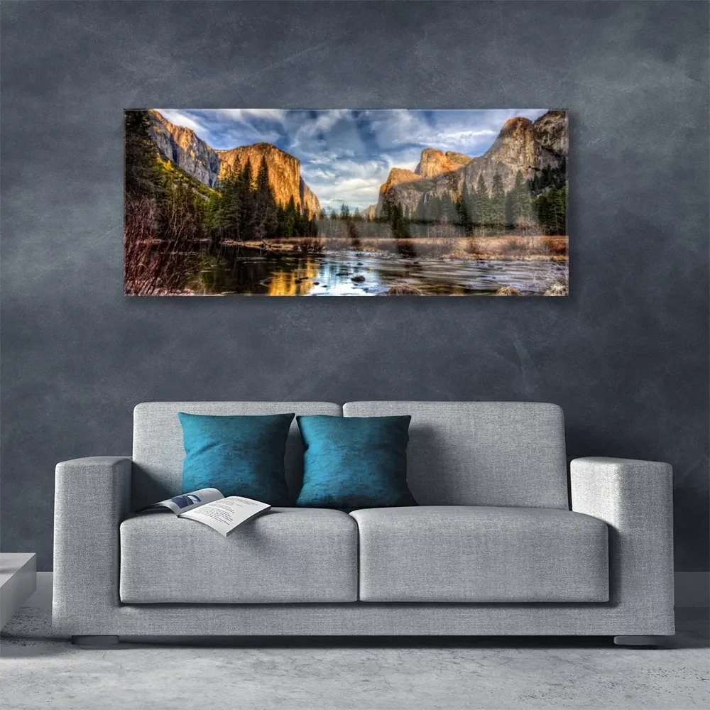 Tablou pe sticla Mountain Lake Forest Natura Verde Gri