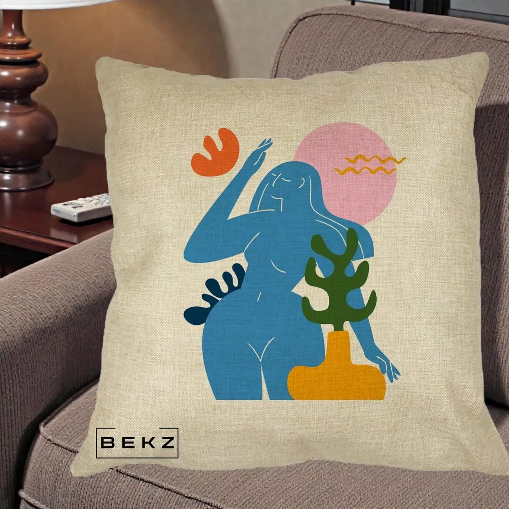 Perna Decorativa Femeie Albastra Cactus, 40x40 cm, Crem, Husa Detasabila, Perna Inclusa, BEKZ®