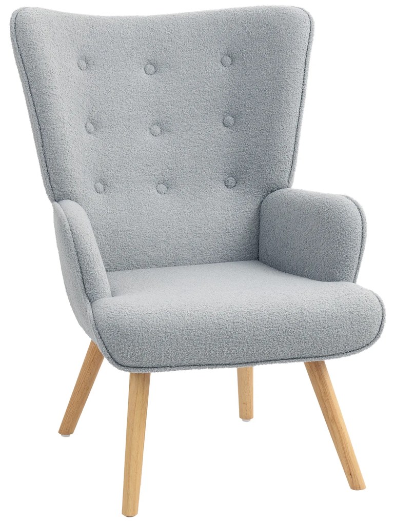 HOMCOM Scaun de salon din material textil bouclette, scaun capitonat și umplut cu picioare din lemn, 71 x 74 x 96 cm, gri deschis | Aosom Romania