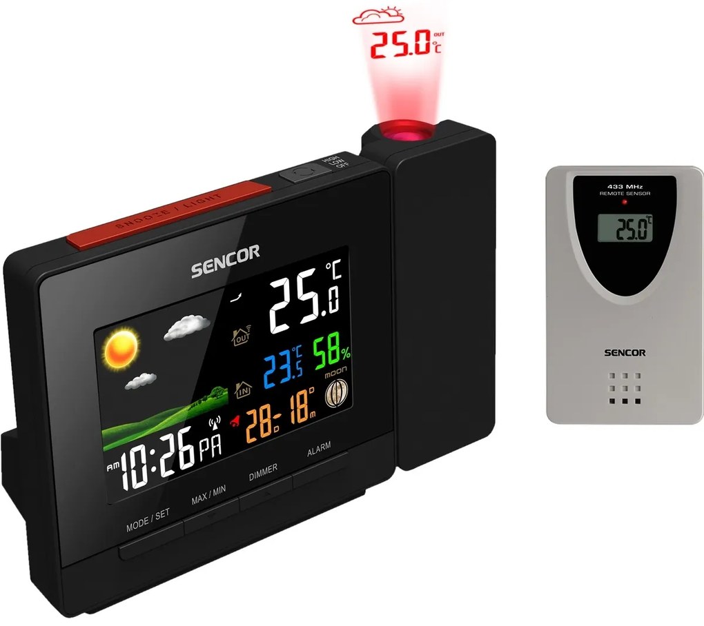 Stație meteorologică Sencor SWS 5400 cu proiecție și senzor fără fir, negru