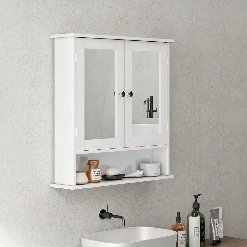 kleankin Dulap Suspendat pentru Baie cu 2 Uși cu Oglindă și Raft Deschis, Raft Interior Reglabil, Mânere Metalice, 56x13x58 cm, Alb | Aosom Romania