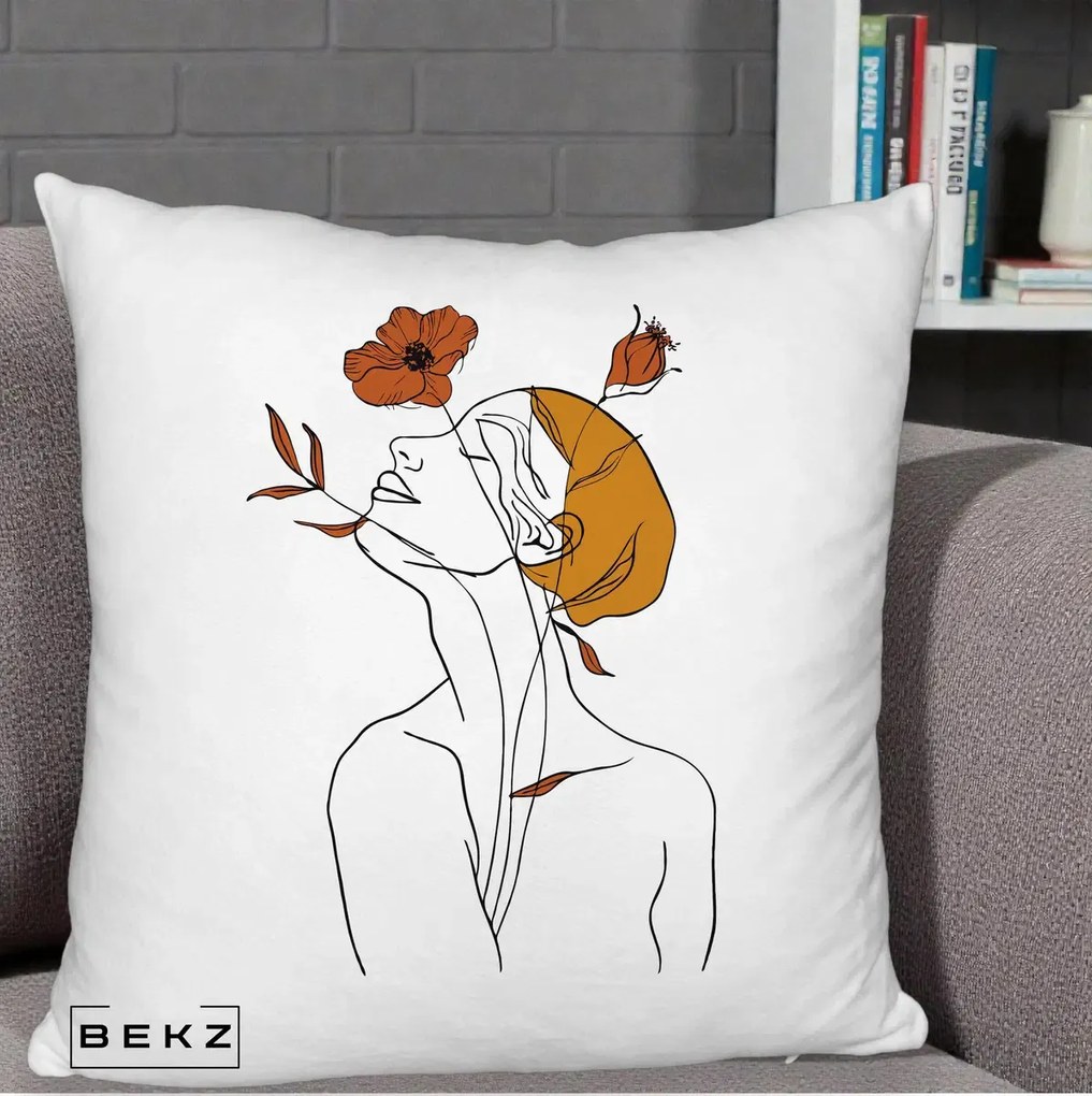 Perna Decorativa Portret Feminin Mac Privire Inalta, 40x40 cm, Alb Pufos, Husa Detasabila, Perna Inclusa, BEKZ®