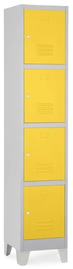 Dulap metalic - 4 cutii, 38 x 45 x 195 cm, picioare fixe, încuietoare cilindrică, galben - ral 1023