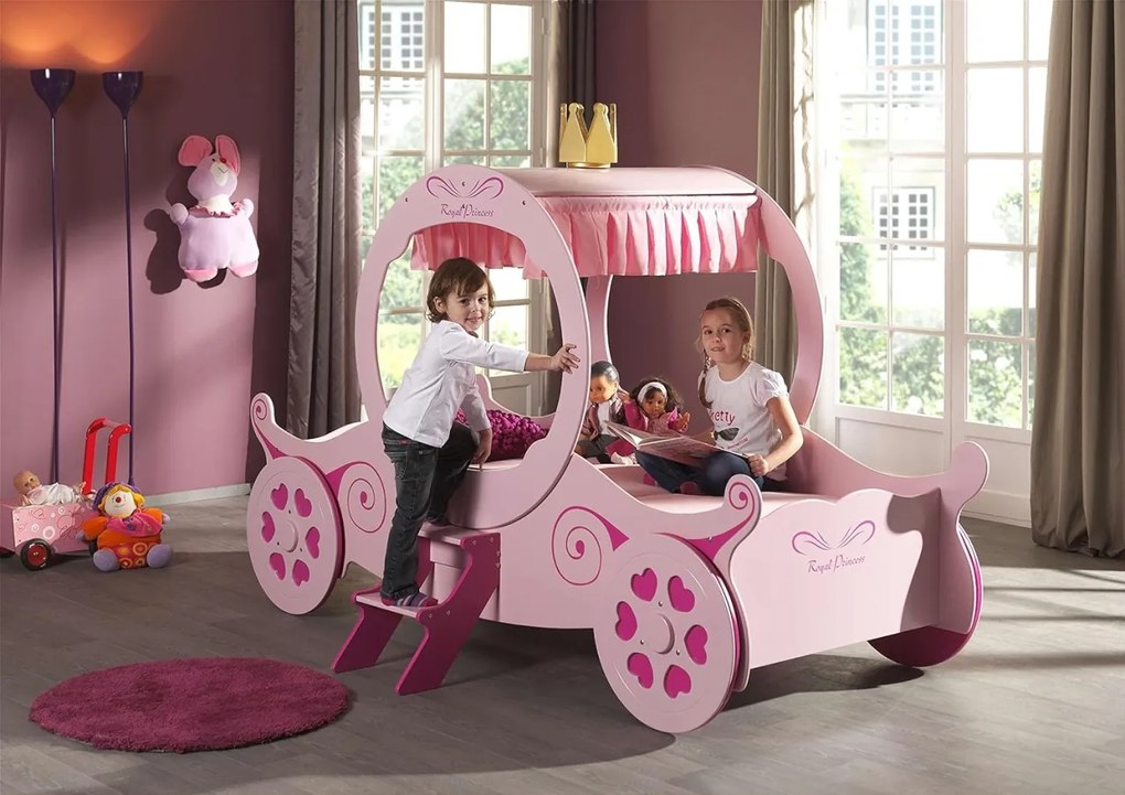 Pat Calească Royal Princess Kate pentru Copii, 90x200 cm, Roz (MDF) – Auto – Vipack