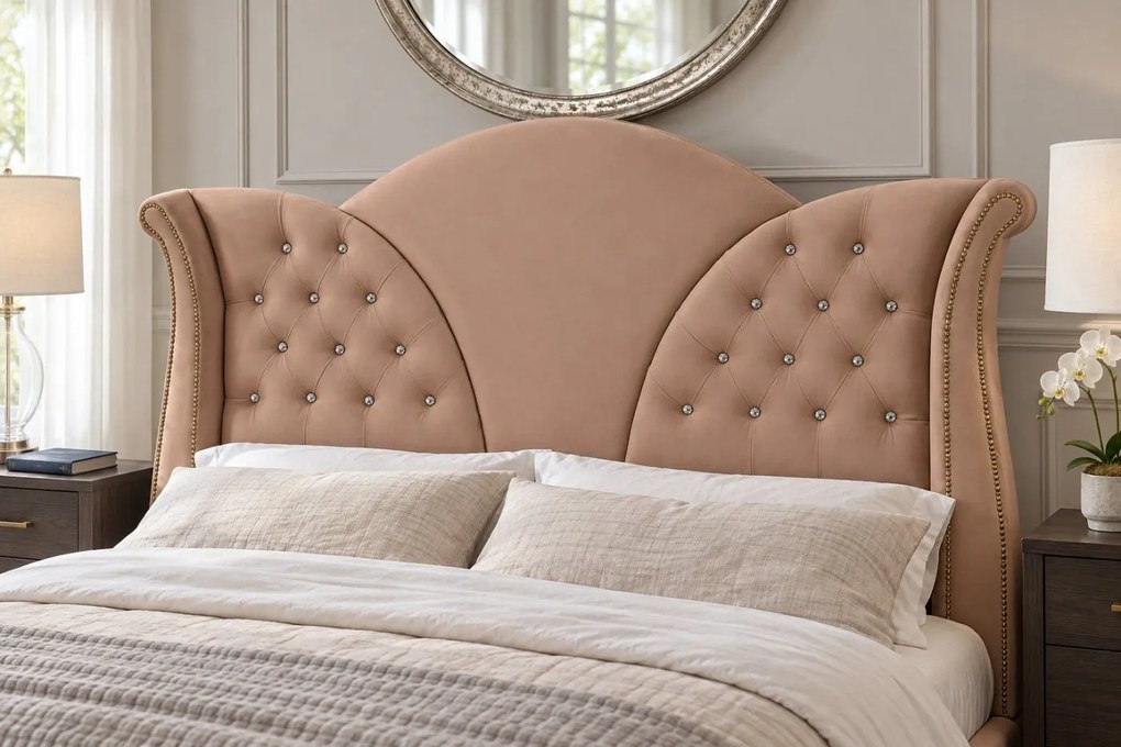 Pat tapițat Chesterfield din catifea Velora Cristal 180×200 cm, cappuccino, cu ladă de depozitare