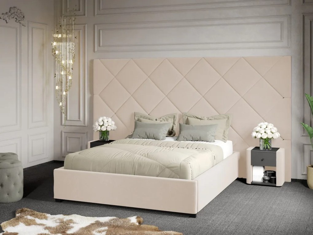 Pat Tapitat cu Panou 305x171 C4 Dubai cu somiera fixa Crem - Velluto 2 180x200