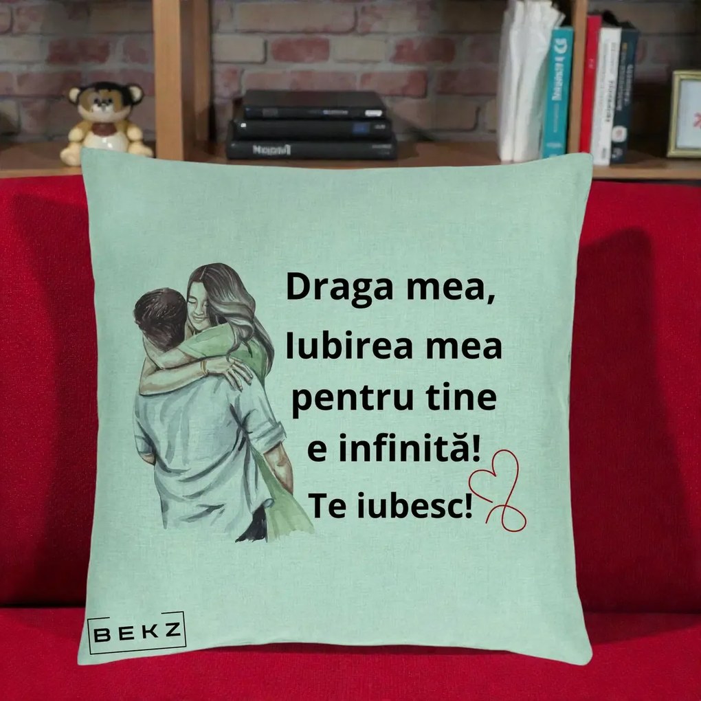 Cadou pentru Iubita - Perna Personalizata Draga Mea Iubirea Mea Infinita Te Iubesc cu Cuplu Acuarela, 40x40 cm, Verde Menta, Husa Detasabila, Perna Inclusa, BEKZ®