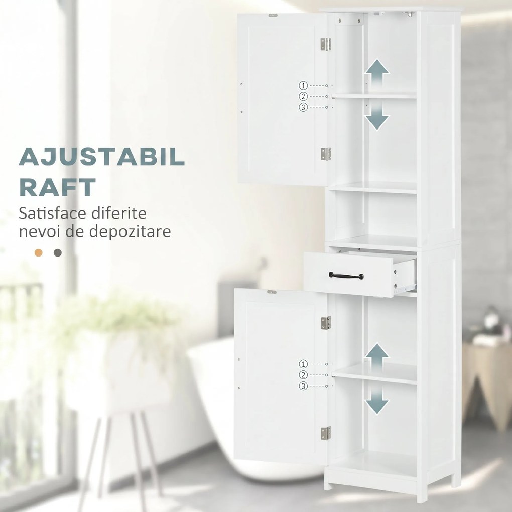 kleankin Dulap Modern pentru Baie, Mobilier Îngust cu Raft Deschis, Sertar, Uși Încastrate și Rafturi Ajustabile Alb | Aosom Romania