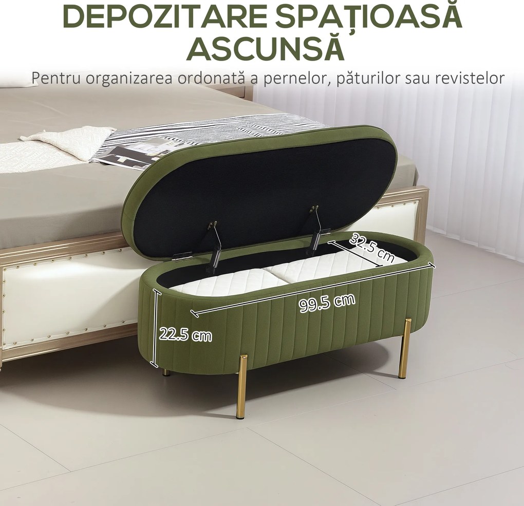 HOMCOM Băncuță Tapițată pentru Dormitor cu Capitonaj Canelat și Picioare Metalice, 108x44x43,5 cm, Verde | Aosom Romania