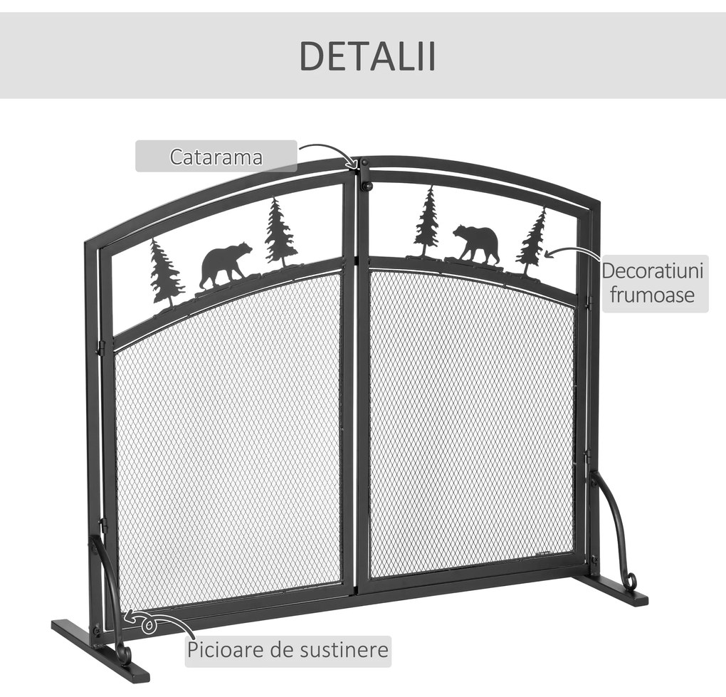 HOMCOM Paravan pentru Semineu din Metal Negru, parascantei cu 2 Usi cu Mecanism de inchidere cu Arc , Decoratiuni de Craciun | Aosom Romania