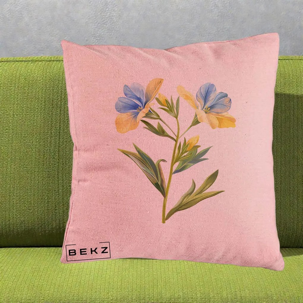 Perna Decorativa Botanica Frezie Galbena si Albastra, 40x40 cm, Roz, Husa Detasabila, Perna Inclusa, BEKZ®